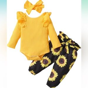 6 Months Size 70 Baby Girl Sunflower Long Sleeve Onesie with Pants Set